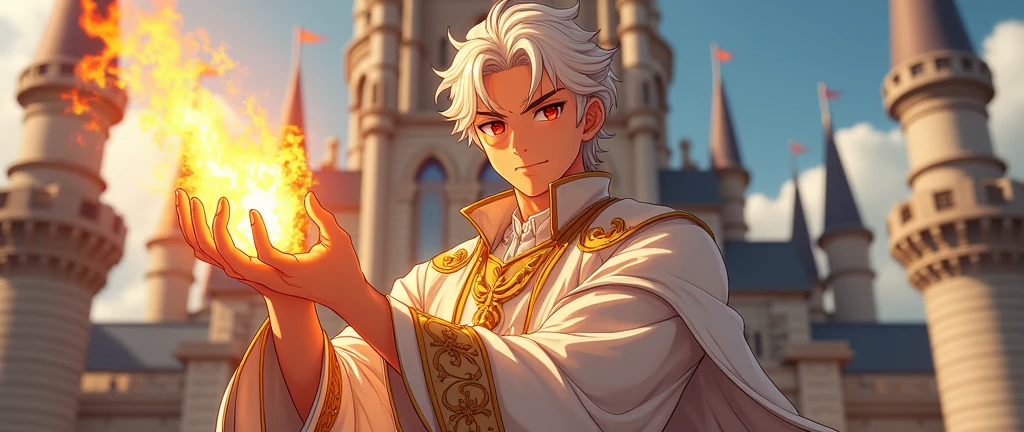  ??? with white hair, red eyes, 5'11, wearing royal clothes, clothes are white and gold, curly hair, zoom, 4k, slight smile, short hair, Standing, castle in background, generating fire from hand, anime, male, nice body