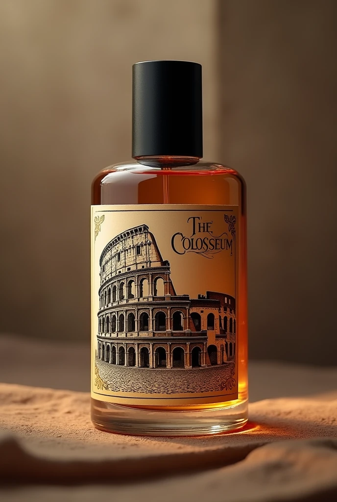 Create a Roman themed perfume, its shape must be cylindrical, Its label must contain the design of the Coliseum and the name printed at the top of the label must be The Coliseum The perfume liquid must have a woody tone