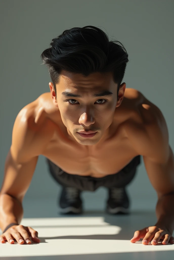 A round face handsome boy with sharp jawline with almond eyes , with black with side part hairstyle and doing pushup