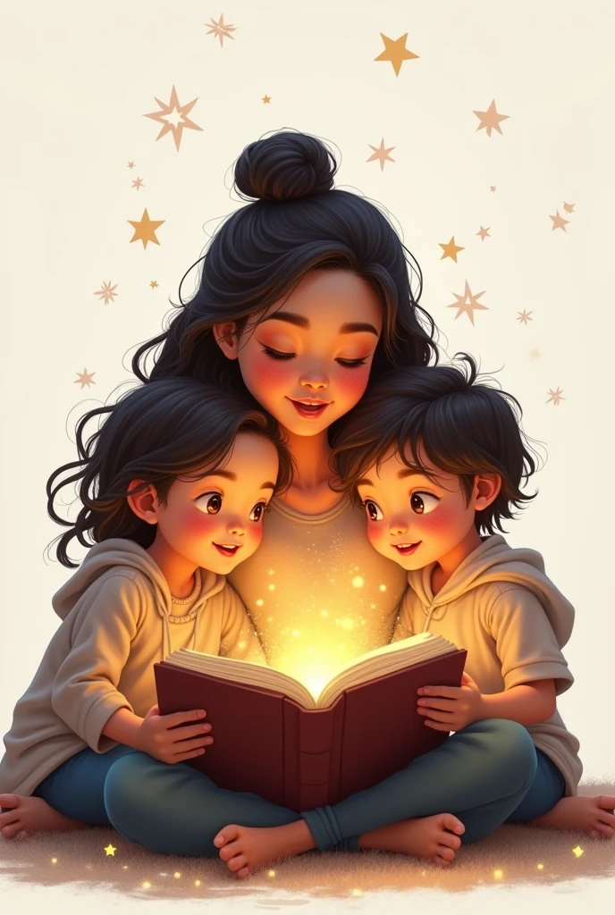 A touching image of a mother sitting with two children, reading a story. The mother holds an open book, from which a soft, magical light emanates, illuminating their faces. The children are captivated, their expressions full of wonder and excitement as they are drawn into the story. The light from the book subtly transforms into soft, glowing shapes, such as stars, animals and trees, symbolizing the vivid imagination sparked by the story. White background.