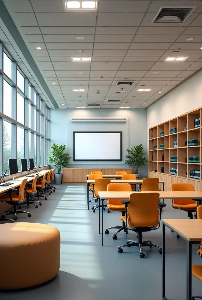 "Create an image of a modern and functional resource room for high school. The room must include ergonomic tables and chairs for 20 students, modern computers and laptops, a projector with a screen, an interactive whiteboard, and a multifunction printer. Add a reading area with ottomans and sofas, organized shelves and cabinets for school supplies, and space for circulation. Also include trial kits and disability support materials.. The decoration must be modern and welcoming, with good natural lighting and ventilation located on the ground floor."