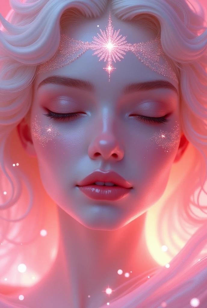Front facing goddess　Show face a little closer　
Sparkling wishes come true　Pink Background　gentle goddess
