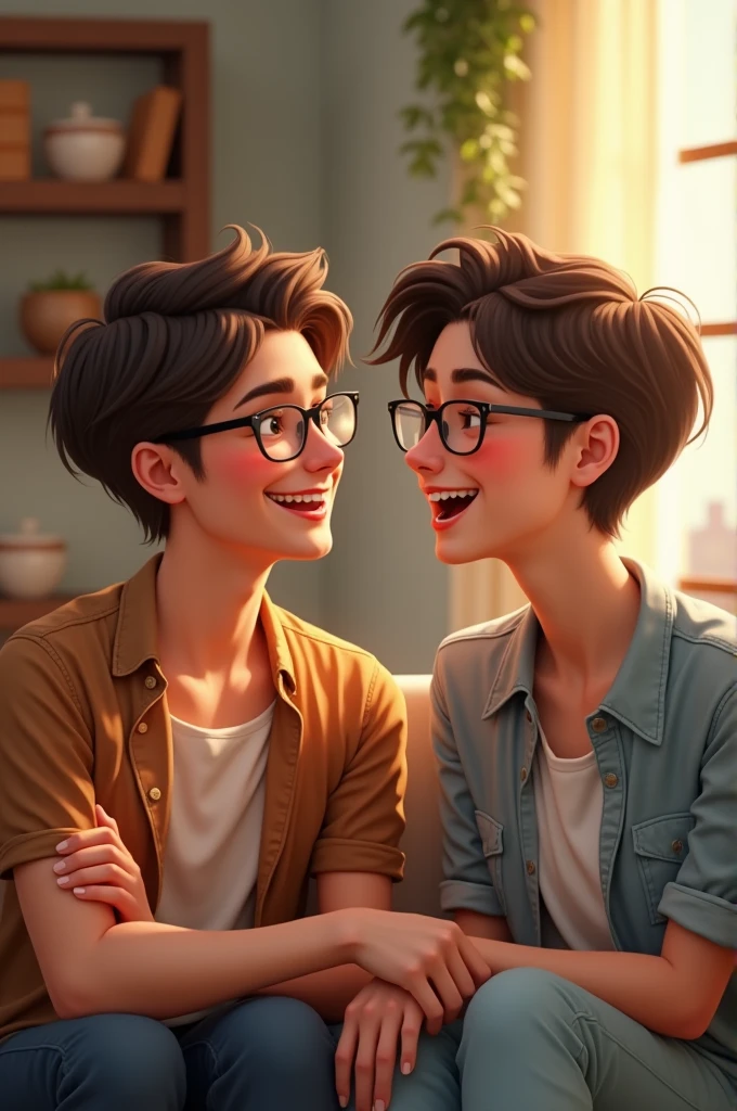 Two white friends, one wearing glasses 