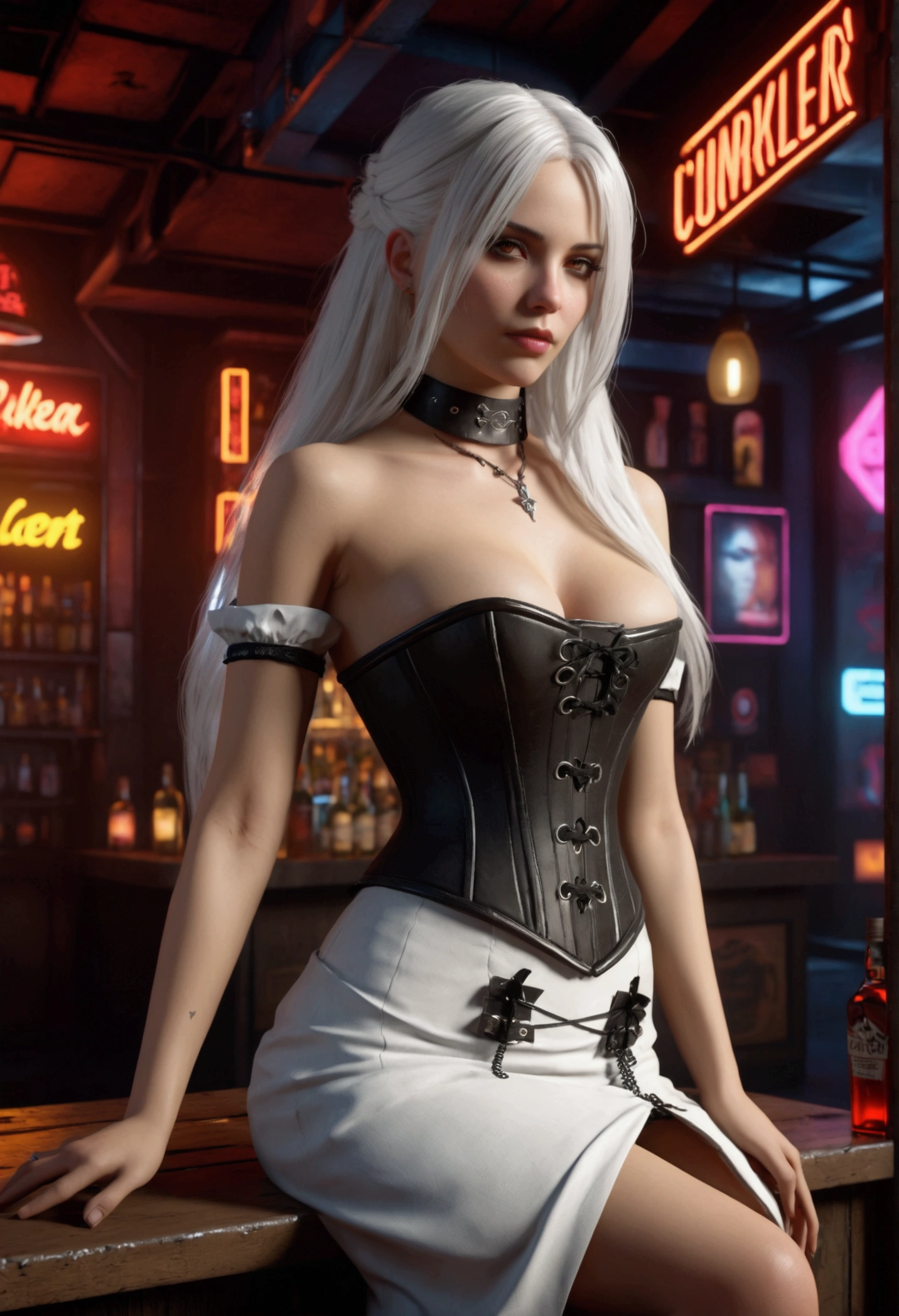 ((Masterpiece, Best Quality, Highest Image Quality, High Resolution, Photorealism, RAW Photos, 8k)), A female game character, 3d Graphics, long white hair, off-shoulders, corset dress, grunge fashion, gothic choker, in the liquor bar, cyberpunk 2077 background, unreal engine