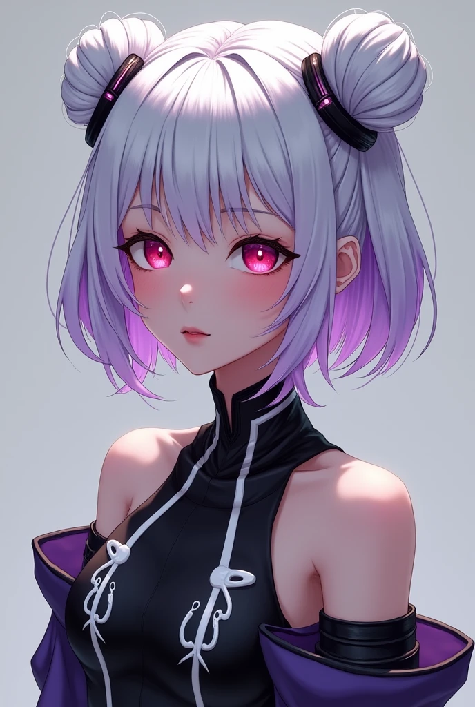 Girl with white hair that fades to purple with short hair with two buns as a hairstyle on the top of her head and the rest of her hair loose. Her eyes are wine-colored with pink with the clothes of 2b from Nier Automata, black dress with white details.