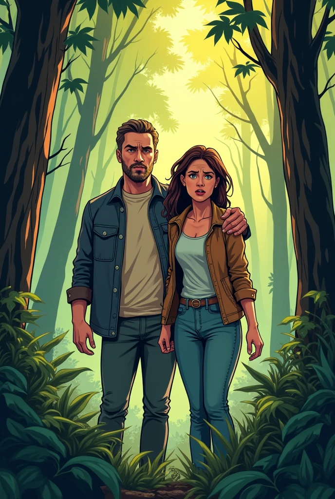 I created a comic-style image of a forest as a background with a family of a mother who is worried because she can't find her daughter and her husband who tries to calm her down.
