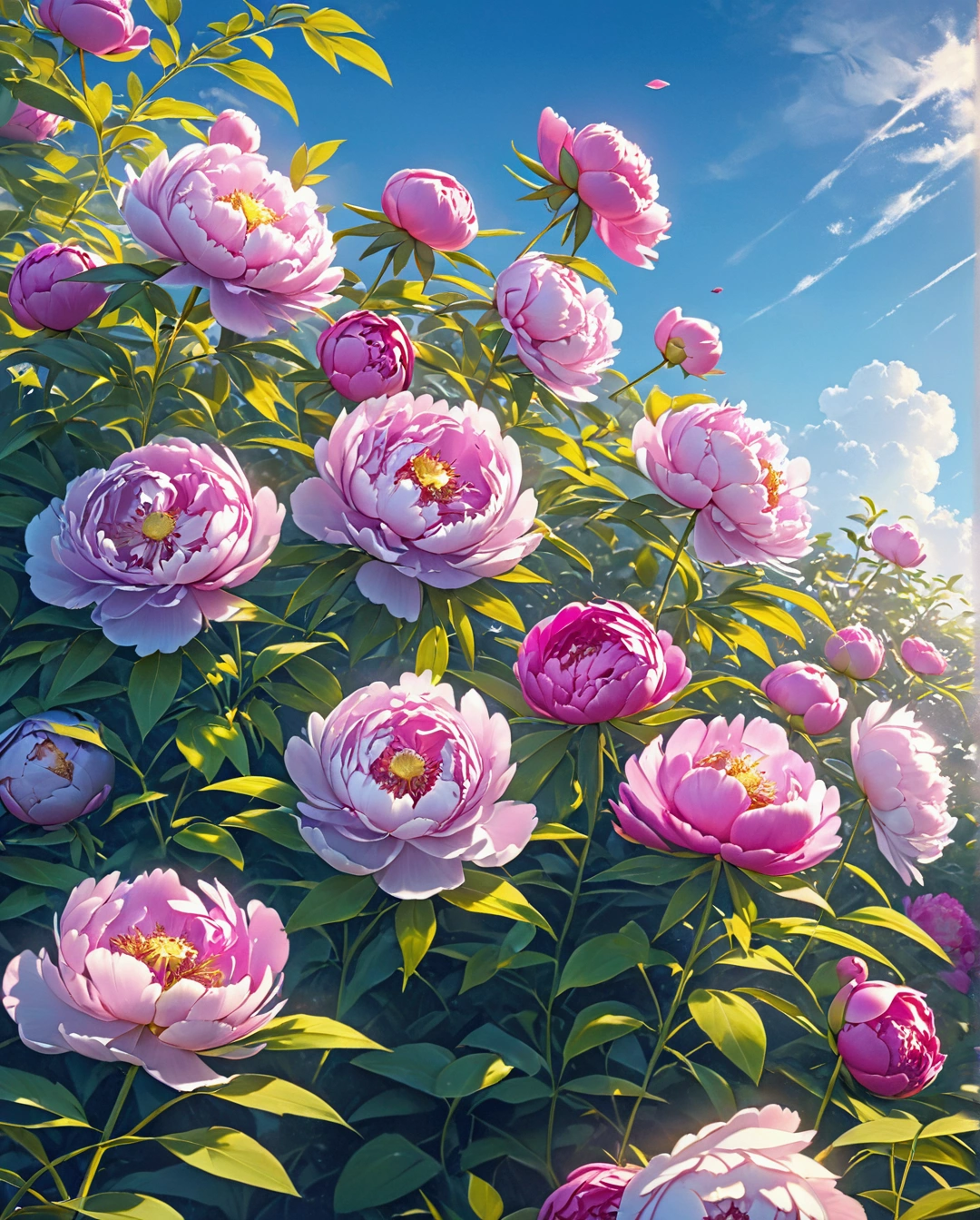 a beautiful field of vibrant pink and violet peonies, a stunning blue sky background, extremely detailed, hyper-realistic, 3D, octane render, bright vivid colors, digital painting, trending on Artstation, sharp focus, highly detailed petals, lush foliage, dramatic lighting, photorealistic, masterpiece
