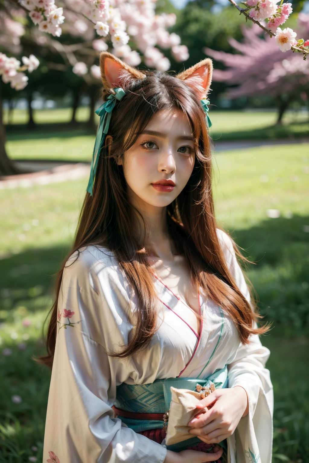 Ahri league of legends, ahri spiritual blossom, fully body, happy look, kimono, perfectbody, face detailed, high resolution, super detaill, 8k, Overview, with Japanese cherry trees
