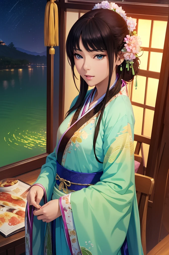 Starry sky landscape、shooting star、 (Highest quality,4K,8k,High resolution,masterpiece:1.2), Very detailed, (Realistic,Realistic,Realistic:1.3), High resolution, Hyper HD, Studio Lighting, Ultra-fine painting, Sharp focus, Physically Based Rendering, Very detailed説明, Professional, Vibrant colors, Bokeh, Sports Late Night, Traditional Chinese Painting Techniques, Atmospheric lighting, Vivid color contrast, Ethereal atmosphere,Very detailed目と顔, Beautiful attention to detail, Light on the face,Hanfu 、(Hanfu: 1.1)、、(Green Eyes: 1.1)、Eyes are green、Slim figure、Small breasts、Sexy pose