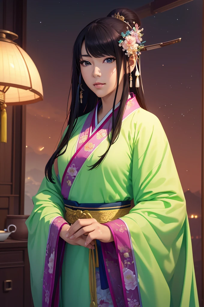 Starry sky landscape、shooting star、 (Highest quality,4K,8k,High resolution,masterpiece:1.2), Very detailed, (Realistic,Realistic,Realistic:1.3), High resolution, Hyper HD, Studio Lighting, Ultra-fine painting, Sharp focus, Physically Based Rendering, Very detailed説明, Professional, Vibrant colors, Bokeh, Sports Late Night, Traditional Chinese Painting Techniques, Atmospheric lighting, Vivid color contrast, Ethereal atmosphere,Very detailed目と顔, Beautiful attention to detail, Light on the face,Hanfu 、(Hanfu: 1.1)、、(Green Eyes: 1.1)、Eyes are green、Slim figure、Small breasts、Sexy pose