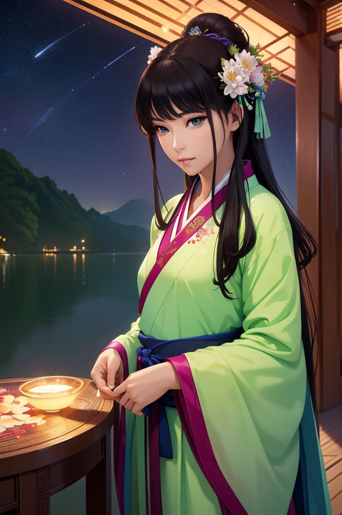 Starry sky landscape、shooting star、 (Highest quality,4K,8k,High resolution,masterpiece:1.2), Very detailed, (Realistic,Realistic,Realistic:1.3), High resolution, Hyper HD, Studio Lighting, Ultra-fine painting, Sharp focus, Physically Based Rendering, Very detailed説明, Professional, Vibrant colors, Bokeh, Sports Late Night, Traditional Chinese Painting Techniques, Atmospheric lighting, Vivid color contrast, Ethereal atmosphere,Very detailed目と顔, Beautiful attention to detail, Light on the face,Hanfu 、(Hanfu: 1.1)、、(Green Eyes: 1.1)、Eyes are green、Slim figure、Small breasts、Sexy pose
