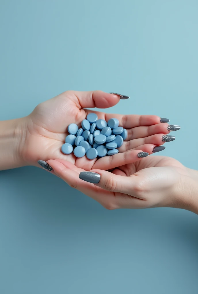 Someone puts a blue pill in their hand while another person puts a blue pill in their hand, painted nails, precise hands, ad image, retouched hands, neat nails, accurate Fingers, nail art, nails, perfect hands, nail polish, care, blue and gray, with Fingers, matte paint, Fingers, long nails, matte paint