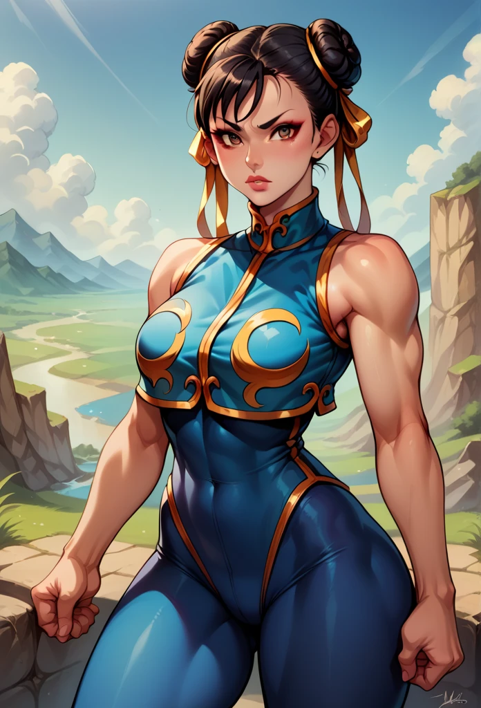 score_9, score_8_up, score_7_up, BREAK, score_9, 1girl, chun-li (\street fighter)\, black hair, brown eyes, makeup, eyelashes, short hair, breasts, looking at viewer, fist on hand, lips, alpha_costume, blue bodysuit, blue leotard, blue vest, sleeveless, cowboy shot, landscape, street, long hair, cat ears, pink outfits.