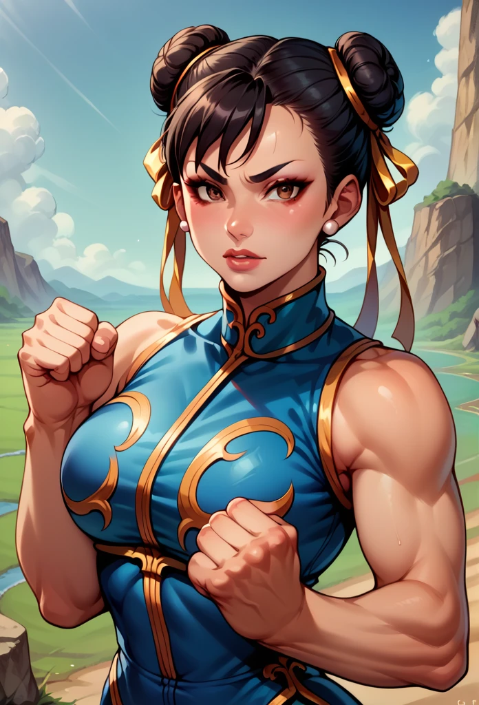 score_9, score_8_up, score_7_up, BREAK, score_9, 1girl, chun-li (\street fighter)\, black hair, brown eyes, makeup, eyelashes, short hair, breasts, looking at viewer, fist on hand, lips, alpha_costume, blue bodysuit, blue leotard, blue vest, sleeveless, cowboy shot, landscape, street, long hair, cat ears, pink outfits.