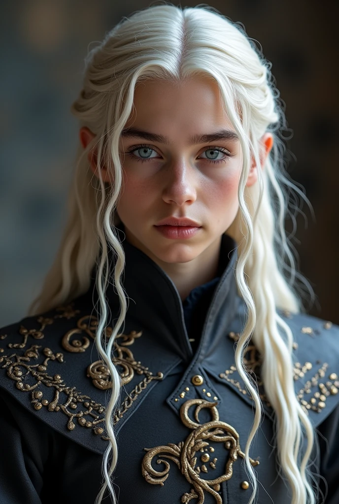 Dans l'univers de *Game of Thrones*, un jeune homme Targaryen se distingue par l'aura légendaire qui entoure sa maison. Imaginez un homme d'une beauté presque divine, digne des légendes. Ses longs cheveux blancs argentés, typiques de la lignée des Targaryens, tombent en cascade sur ses épaules, soyeux et brillants sous la lumière, semblables à un manteau de pure lumière. Ses yeux, d'un violet profond ou d'un bleu glacial (selon les variantes connues dans la famille), captivent immédiatement ceux qui les croisent, remplis d'une intensité mystérieuse et d'une force ancestrale.

Sa peau est pâle, douce et éclatante, contrastant magnifiquement avec ses cheveux immaculés. Sa beauté est comparable à celle d'Apollon, le dieu grec de la jeunesse et de la lumière. Son visage est finement ciselé, avec des pommettes hautes, un nez droit et une mâchoire forte, témoignant de son héritage royal. Ses lèvres sont pleines, souvent figées dans une expression calme, presque méditative, bien qu'elles puissent sourire avec une chaleur inattendue qui illumine son visage entier.

Grand et élancé, son corps est celui d'un guerrier-né. Ses muscles sont bien définis, sculptés par des années d'entraînement martial, mais sans lourdeur. Chaque mouvement qu'il fait est empreint de grâce naturelle, comme s'il était toujours conscient de sa stature royale. Ses épaules sont larges, son torse puissant, et sa silhouette est impeccablement proportionnée.

Vêtu souvent de tissus somptueux – de riches tuniques noires et rouges, brodées de motifs draconiques en or et argent – il incarne l'élégance et la puissance. Sur son dos, une épée à la garde ornée de dragons, peut-être en acier valyrien, rappelant à tous qu'il est un guerrier aussi bien qu'un roi potentiel.

Ce jeune homme Targaryen respire la noblesse et la fierté, portant en lui le poids des siècles de conquêtes et de tragédies de sa famille, mais aussi l'éclat indomptable de son destin à venir.