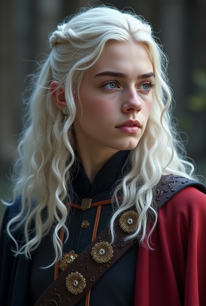 Dans l'univers de *Game of Thrones*, un jeune homme Targaryen se distingue par l'aura légendaire qui entoure sa maison. Imaginez un homme d'une beauté presque divine, digne des légendes. Ses longs cheveux blancs argentés, typiques de la lignée des Targaryens, tombent en cascade sur ses épaules, soyeux et brillants sous la lumière, semblables à un manteau de pure lumière. Ses yeux, d'un violet profond ou d'un bleu glacial (selon les variantes connues dans la famille), captivent immédiatement ceux qui les croisent, remplis d'une intensité mystérieuse et d'une force ancestrale.
Sa peau est pâle, douce et éclatante, contrastant magnifiquement avec ses cheveux immaculés. Sa beauté est comparable à celle d'Apollon, le dieu grec de la jeunesse et de la lumière. Son visage est finement ciselé, avec des pommettes hautes, un nez droit et une mâchoire forte, témoignant de son héritage royal. Ses lèvres sont pleines, souvent figées dans une expression calme, presque méditative, bien qu'elles puissent sourire avec une chaleur inattendue qui illumine son visage entier.
Grand et élancé, son corps est celui d'un guerrier-né. Ses muscles sont bien définis, sculptés par des années d'entraînement martial, mais sans lourdeur. Chaque mouvement qu'il fait est empreint de grâce naturelle, comme s'il était toujours conscient de sa stature royale. Ses épaules sont larges, son torse puissant, et sa silhouette est impeccablement proportionnée.
Vêtu souvent de tissus somptueux – de riches tuniques noires et rouges, brodées de motifs draconiques en or et argent – il incarne l'élégance et la puissance. Sur son dos, une épée à la garde ornée de dragons, peut-être en acier valyrien, rappelant à tous qu'il est un guerrier aussi bien qu'un roi potentiel.
Ce jeune homme Targaryen respire la noblesse et la fierté, portant en lui le poids des siècles de conquêtes et de tragédies de sa famille, mais aussi l'éclat indomptable de son destin à venir.