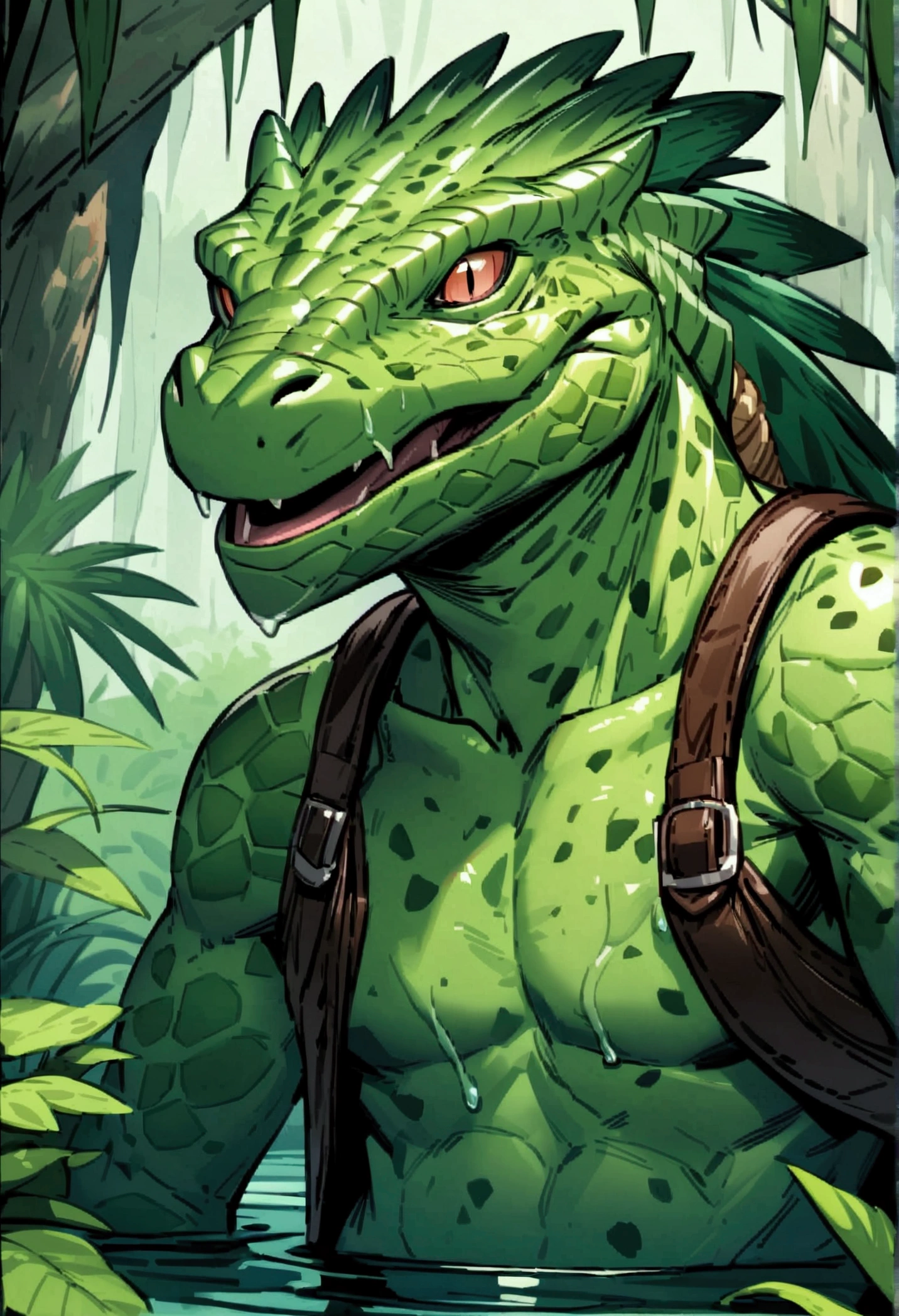 Portrait of a Lizardman with slime like skin, Skin Slightly transparent and gelatinous, swamp, water, jungle, wearing leather clothing, hippie, peaceful, comfortable, Fantasy, Dungeons and Dragons, Body of Lizardman