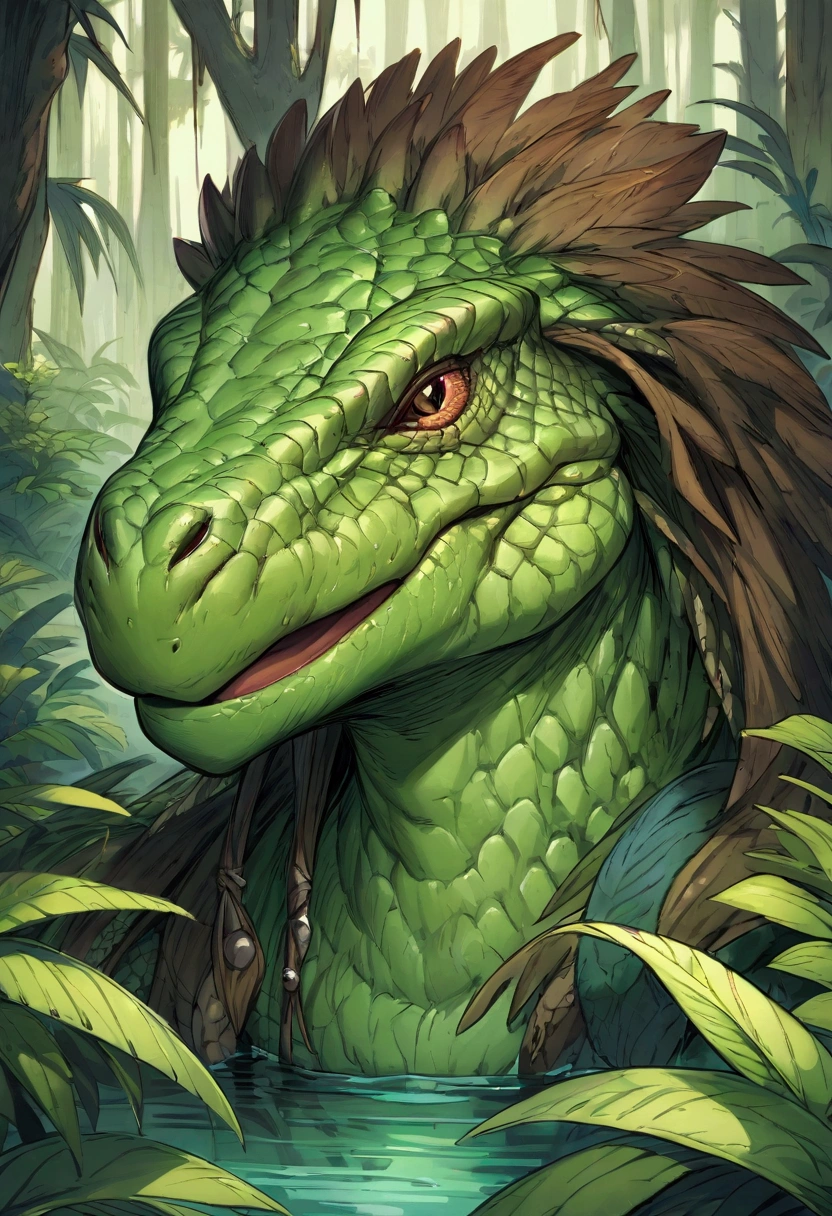 Portrait of a Lizardman with slime like skin, Skin Slightly transparent and gelatinous, swamp, water, jungle, wearing leather clothing, hippie, peaceful, comfortable, Fantasy, Dungeons and Dragons, Body of Lizardman
