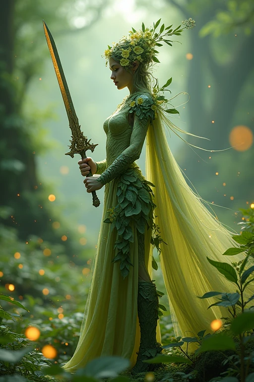 Une figure gracieuse, en armure légère faite de feuilles et de fleurs. Son épée, fine et scintillante, est ornée de motifs floraux. Elle se tient dans une forêt enchantée, entourée de lucioles et de magie verte.Résolution Haute, Précis, Détails fins, Modèle HD, Haute qualité,