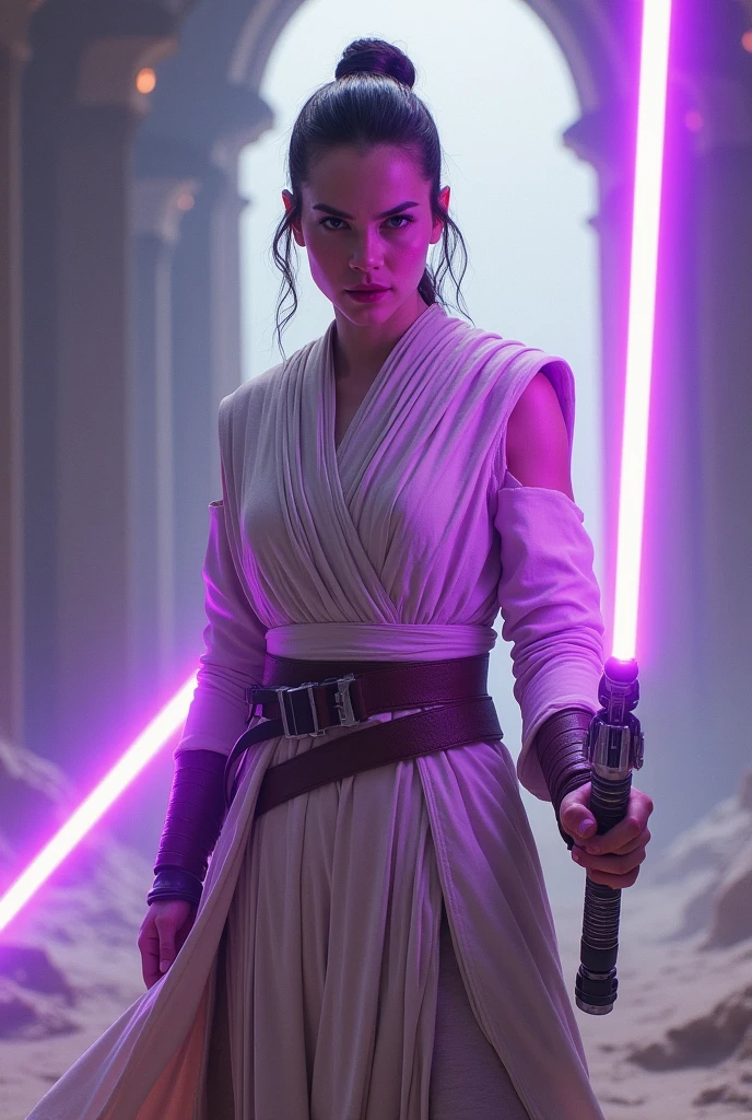 Jedi Rey Skywalker with double-blade purple lightsaber