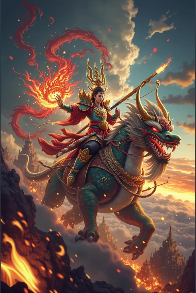 Goku riding on a giant armored dragon head,Wukong Focus,Holding a golden staff,Attack forward,Exquisite details,Wukong's fire-breathing eyes,Intense scene,Behind him,Standing Sun God,The whole body is red flame,Forms a strong contrast between light and dark。Background featuring dark clouds and smoke,Clear details,Background featuring monsters and demons appearing from hell,Smoke rises from beneath them,Strong contrast between light and dark,high resolution,Rich in details,high quality,Chinese mythology style,See through the whole body,Exquisite detailshigh resolution,high quality,Best quality,high resolution,Extremely detailed CG,Perfect lighting,8k wallpaper