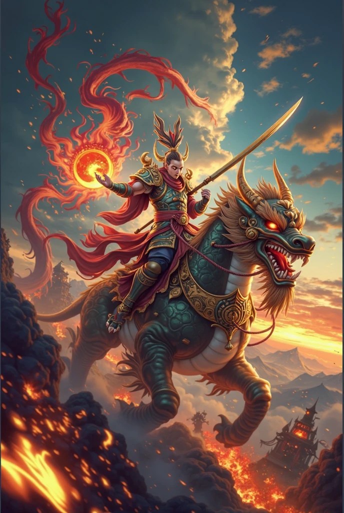 Goku riding on a giant armored dragon head，Wukong Focus，Holding a golden staff，Attack forward，Exquisite details，Wukong&#39;s fire-breathing eyes，Intense scene，Behind him，Standing Sun God，The whole body is red flame，Forms a strong contrast between light and dark。Background featuring dark clouds and smoke，Clear details，Background featuring monsters and demons appearing from hell，Smoke rises from beneath them，Strong contrast between light and dark，high resolution，Rich in details，high quality，Chinese mythology style，See through the whole body，Exquisite detailshigh resolution，high quality，Best quality，high resolution，Extremely detailed CG，Perfect lighting，8k wallpaper