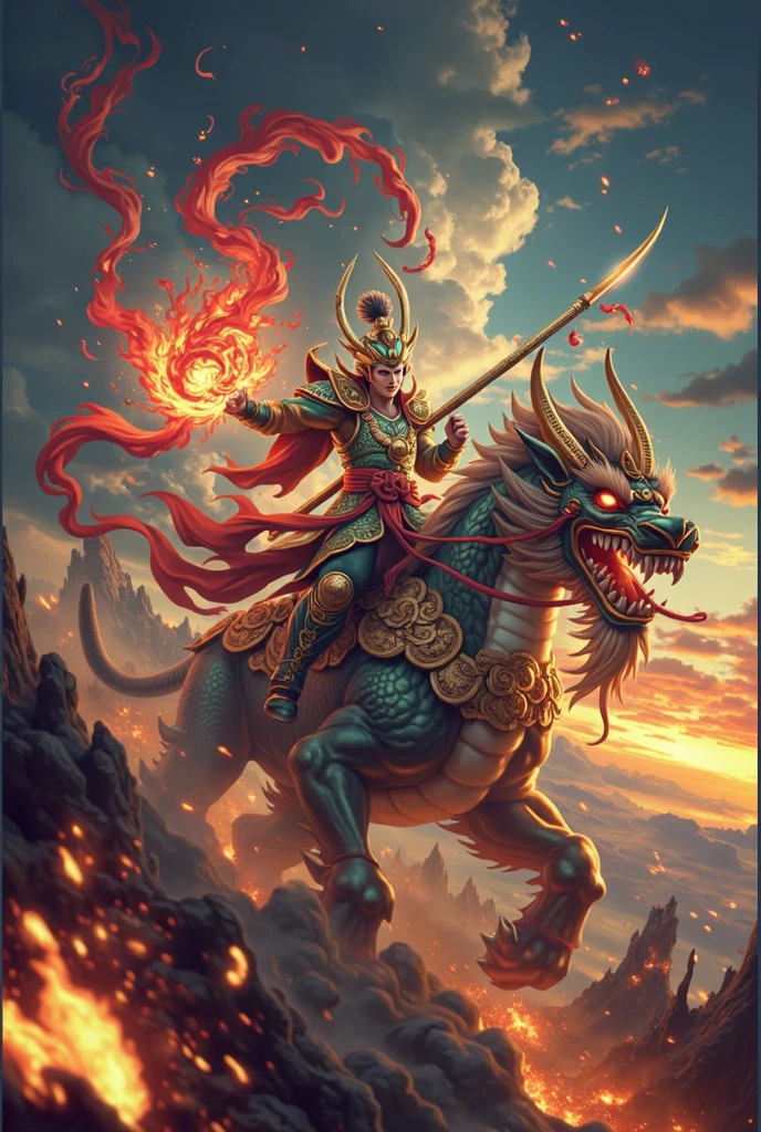 Goku riding on a giant armored dragon head,Wukong Focus,Holding a golden staff,Attack forward,Exquisite details,Wukong's fire-breathing eyes,Intense scene,Behind him,Standing Sun God,The whole body is red flame,Forms a strong contrast between light and dark。Background featuring dark clouds and smoke,Clear details,Background featuring monsters and demons appearing from hell,Smoke rises from beneath them,Strong contrast between light and dark,high resolution,Rich in details,high quality,Chinese mythology style,See through the whole body,Exquisite detailshigh resolution,high quality,Best quality,high resolution,Extremely detailed CG,Perfect lighting,8k wallpaper