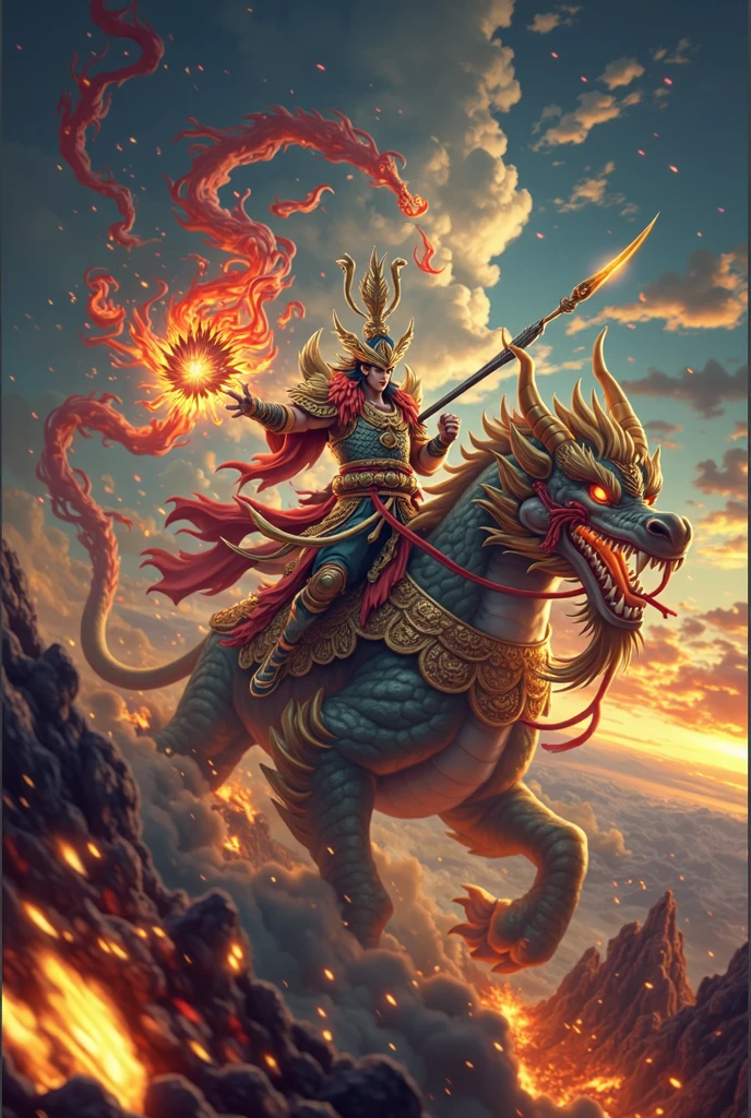 Goku riding on a giant armored dragon head，Wukong Focus，Holding a golden staff，Attack forward，Exquisite details，Wukong&#39;s fire-breathing eyes，Intense scene，Behind him，Standing Sun God，The whole body is red flame，Forms a strong contrast between light and dark。Background featuring dark clouds and smoke，Clear details，Background featuring monsters and demons appearing from hell，Smoke rises from beneath them，Strong contrast between light and dark，high resolution，Rich in details，high quality，Chinese mythology style，See through the whole body，Exquisite detailshigh resolution，high quality，Best quality，high resolution，Extremely detailed CG，Perfect lighting，8k wallpaper