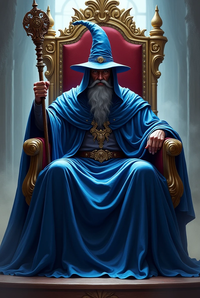 A man dressed as a sorcerer, with his hat and blue cape, sitting on a spectacular throne, carrying a wooden scepter in his right hand, has an imposing look.