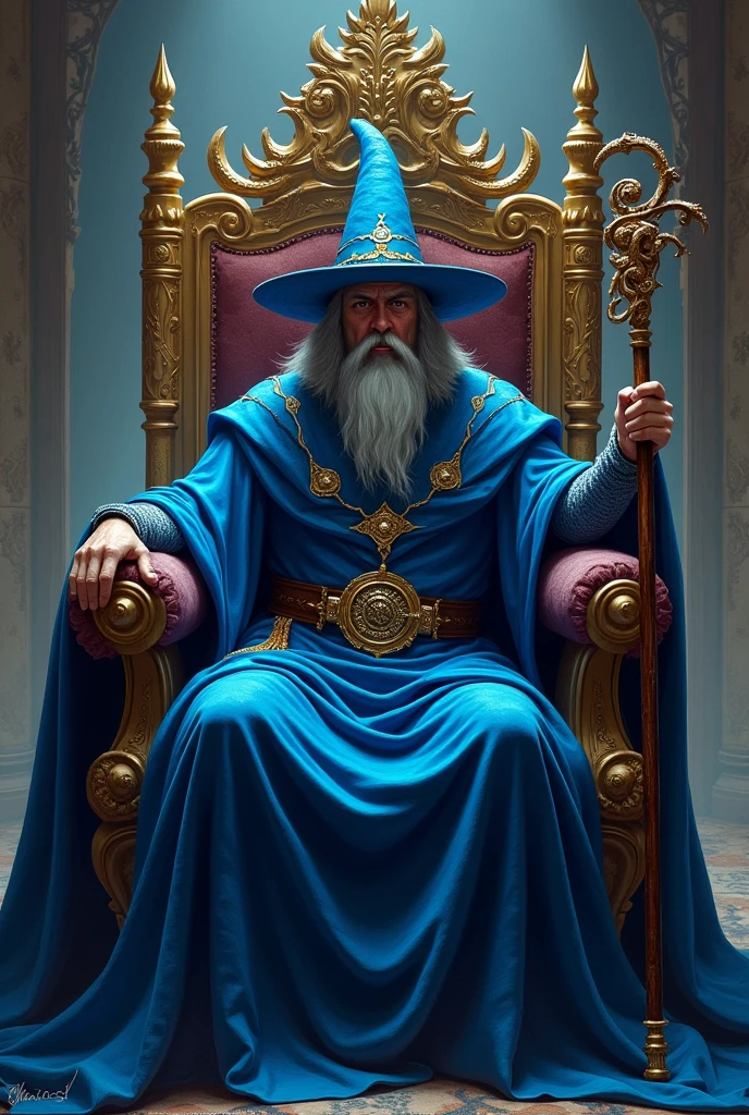 A man dressed as a sorcerer, with his hat and blue cape, sitting on a spectacular throne, carrying a wooden scepter in his right hand, has an imposing look.