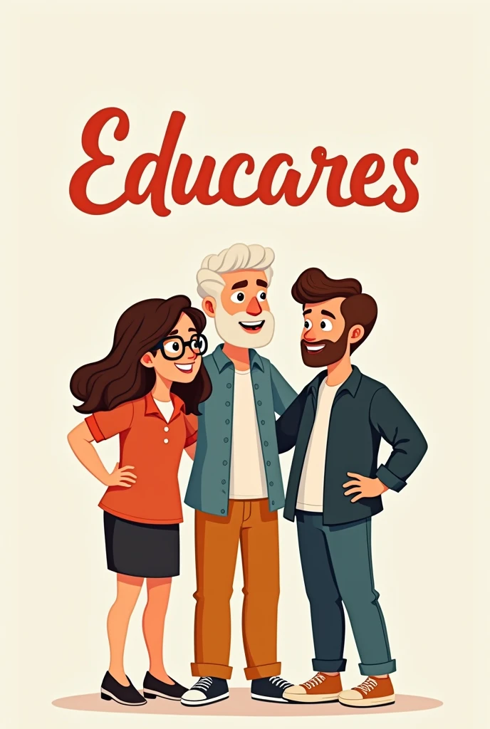 image of a cartoon work team (made up of a woman with glasses, wavy hair that reaches the shoulders, a bearded white-looking man, and another white-looking man with slightly long wavy hair, that is to say, only 3 members) and that above it says Educares in beautiful calligraphy