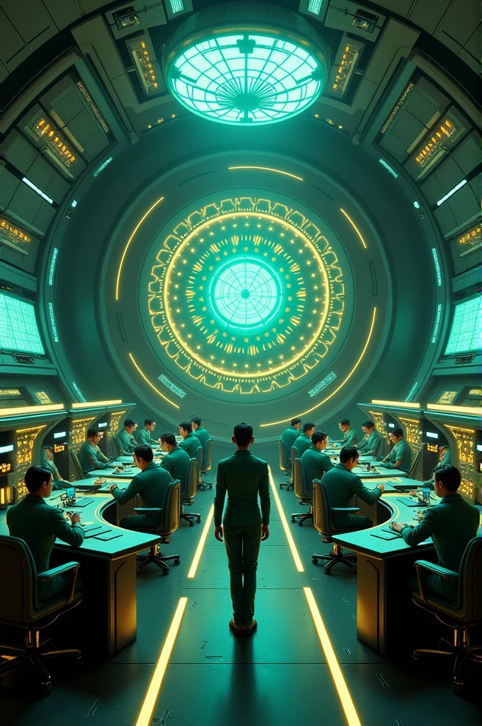 Futuristic circular command station with energy symbols and staff sitting at their stations with headsets, 13 members and a leader assisting an agent, everyone will be wearing technological uniforms in shades of green with energy symbols in yellow