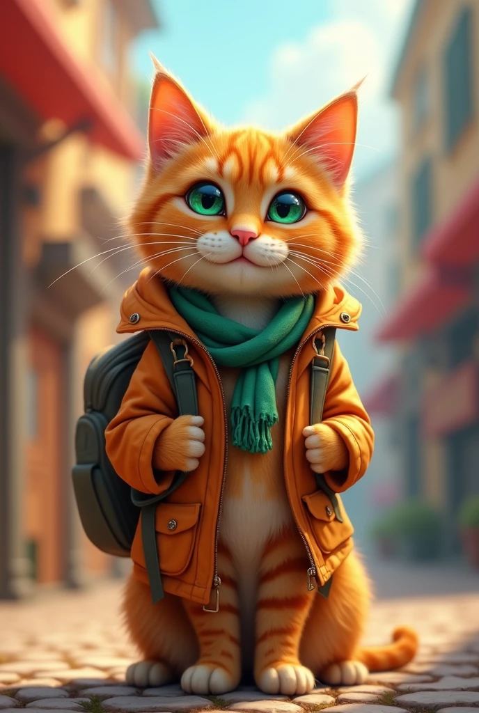 An adult cat is a tour guide, Her golden fur and her emerald-green eyes.