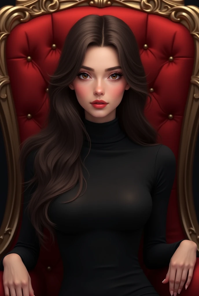 1 Gorgeous 2 woman with a long hair wear a black turtle neck dress sitting in the red royal chair and the 2 hands put in the armchair. Semi animated half human face portrait.