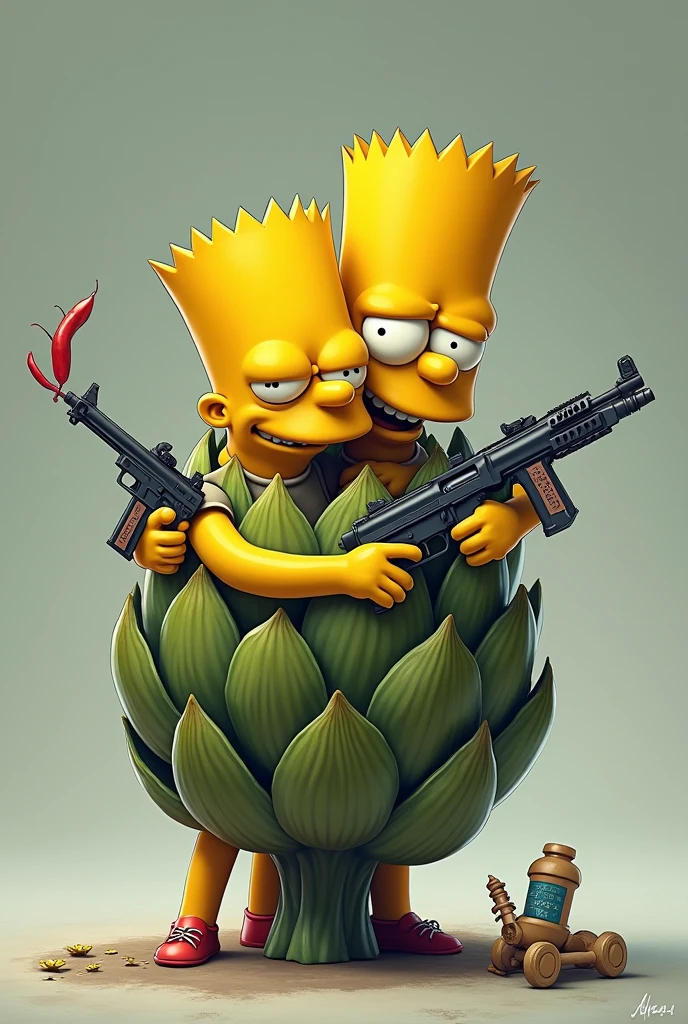 An artichoke in the shape of Bart Simpson hugging Daniel the Menace with weapons