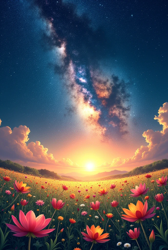 a field full of bright flowers on the ground showing nature on a sunny day and the top part the milky way with its wonderful lights from space showing the stars in a creative and original way 