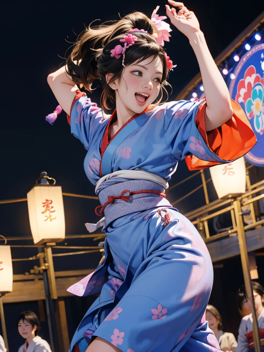 (Japan Bon Odori,最高masterpiece,Highest quality), Hot August,In the park square,(They dance in a circle around a stage decorated with lanterns.),Bright vibrant anime art,People of all ages and genders dance and dance, Dancing in yukata,Laughing and dancing, Showing white teeth,Men and women dance in a circle, masterpiece,Highest quality,High resolution,