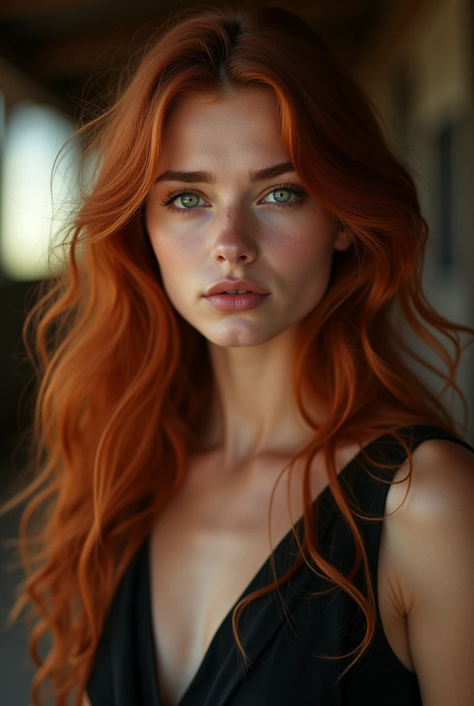 (highest quality,masterpiece:1.3,ultra high resolution),(Super detailed,caustics),(realistic:1.4,RAW shooting),(Vibrant color saturation), portrait photo of a girl, best quality, high quality, German girl, 1, distinctive face, long red hair, strong red hair, wavy red hair, gentle and seductive eyes, green eyes, eyebrows are horizontal, eyebrows dark brown, eyes green, wearing a shirt shoulder free, elegant and seductive standing posture, big breasts, sad expression on her face, cinematic lighting, very beautiful, ultra realistic, detailed lips, extremely detailed face, long eyelashes, intricate hairstyle, looking straight into the camera, at a riding place