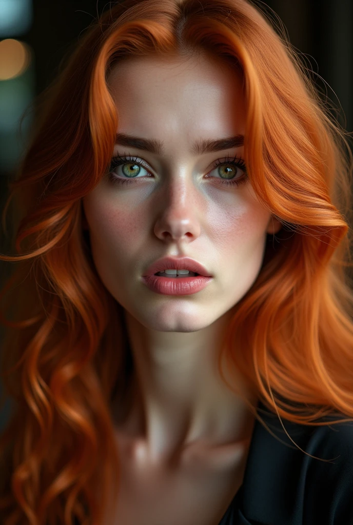 (highest quality,masterpiece:1.3,ultra high resolution),(Super detailed,caustics),(realistic:1.4,RAW shooting),(Vibrant color saturation), portrait photo of a girl, best quality, high quality, German girl, 1, distinctive face, long red hair, strong red hair, wavy red hair, gentle and seductive eyes, green eyes, eyebrows are horizontal, eyebrows dark brown, eyes green, wearing a shirt shoulder free, elegant and seductive standing posture, big breasts, sad expression on her face, cinematic lighting, very beautiful, ultra realistic, detailed lips, extremely detailed face, long eyelashes, intricate hairstyle, looking straight into the camera, at a riding place
