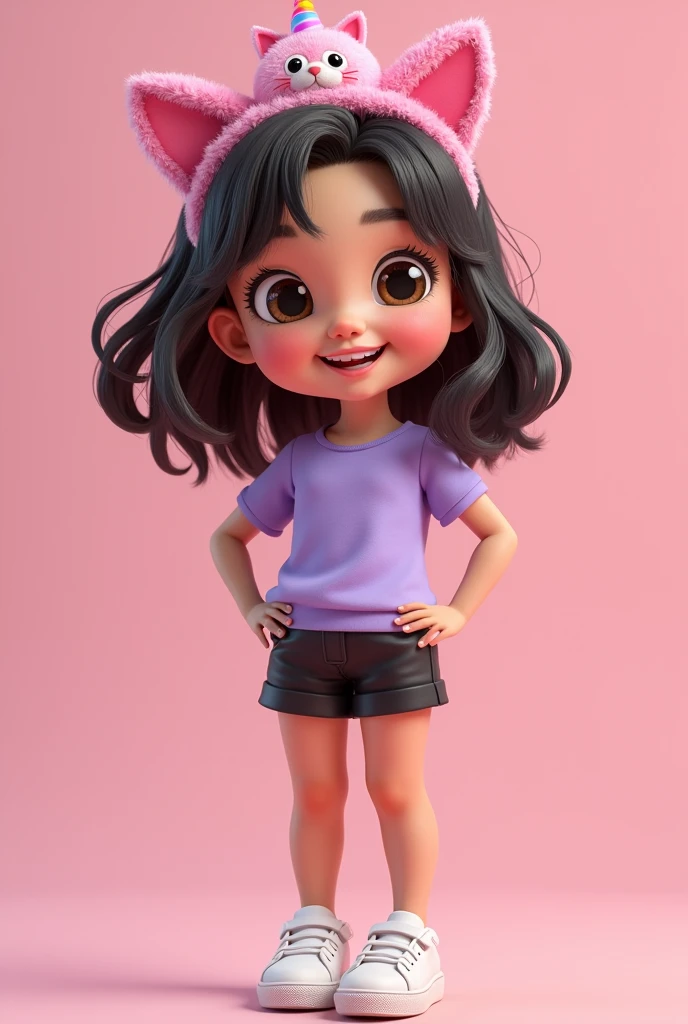 Elisa , skin fair, eyes browns, glad, with dimples in the cheeks, lilac blouse, shorts preto, White sneakers, pink kitty tiara
