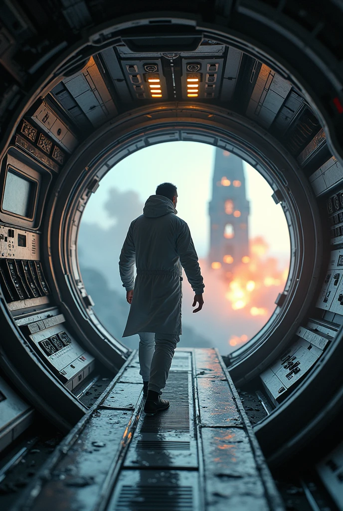 Male doctor in a small space capsule wandering near an exploding space station