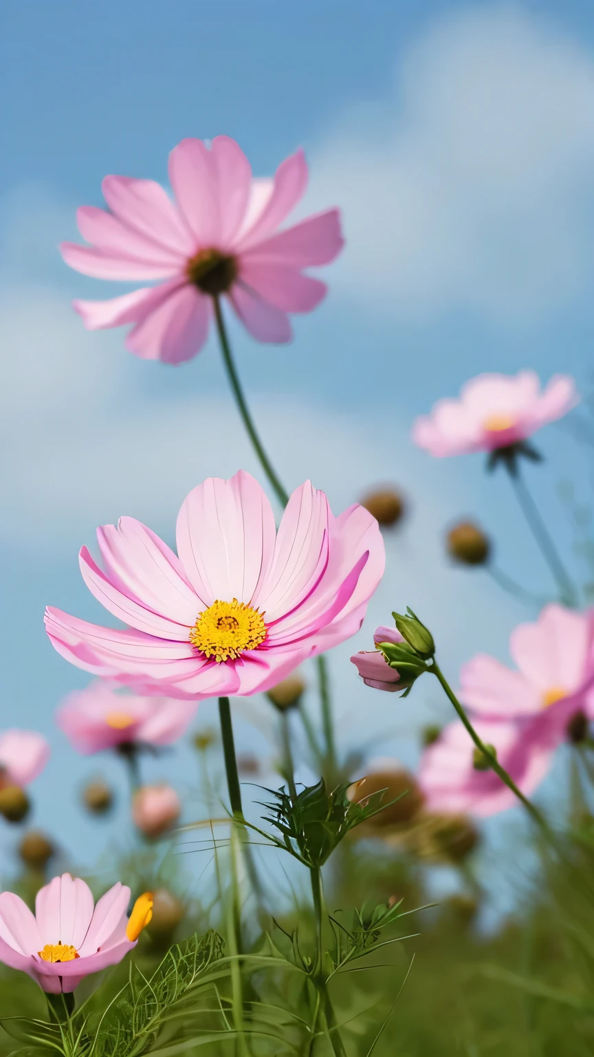 Cosmos are blooming in the field、The flower color is pink、white、green、Swaying in the wind