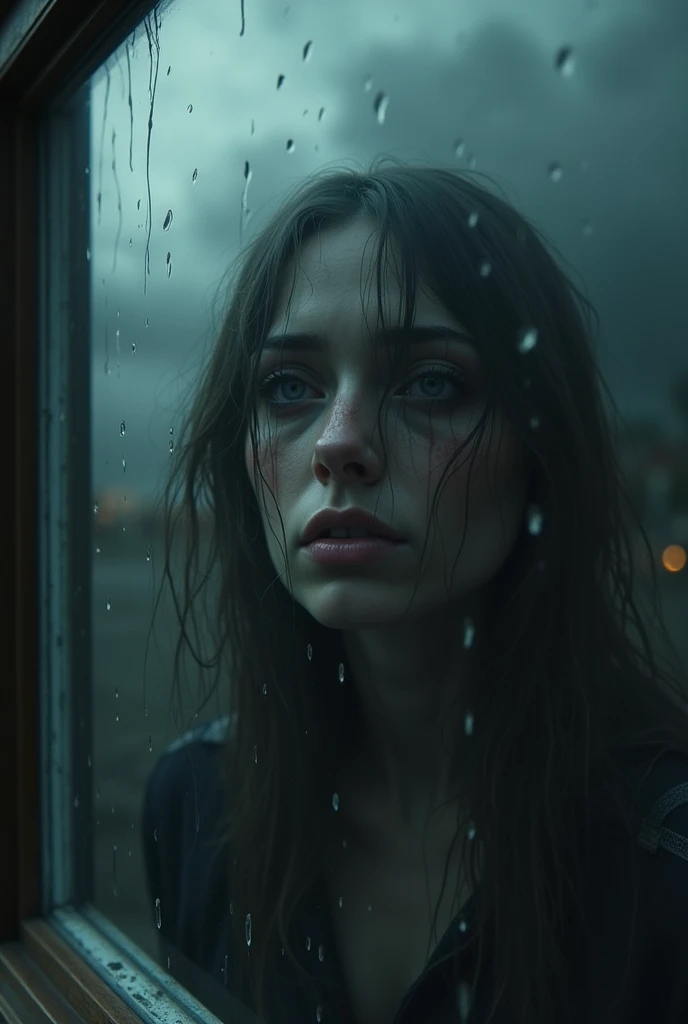 A surreal image of a sad day with dark clouds behind a window with a reflection in the glass of a person crying