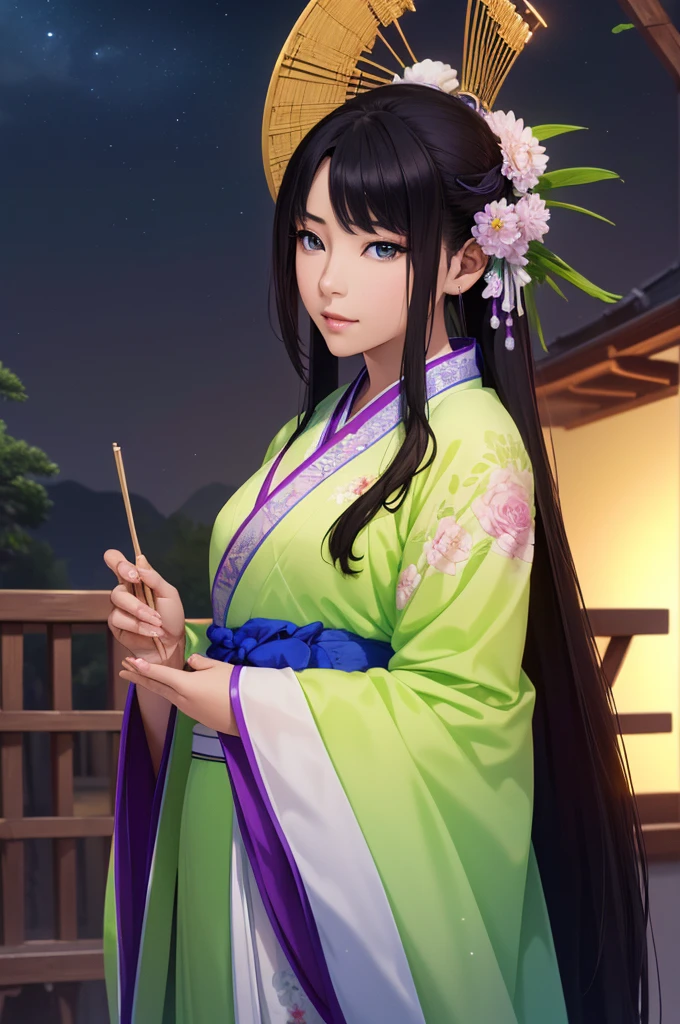 Starry sky landscape、shooting star、 (Highest quality,4K,8k,High resolution,masterpiece:1.2), Very detailed, (Realistic,Realistic,Realistic:1.3), High resolution, Hyper HD, Studio Lighting, Ultra-fine painting, Sharp focus, Physically Based Rendering, Very detailed説明, Professional, Vibrant colors, Bokeh, Sports Late Night, Traditional Chinese Painting Techniques, Atmospheric lighting, Vivid color contrast, Ethereal atmosphere,Very detailed目と顔, Beautiful attention to detail, Light on the face,Hanfu 、(Hanfu: 1.1)、、(Green Eyes: 1.1)、Eyes are green、Slim figure、Small breasts、Sexy pose