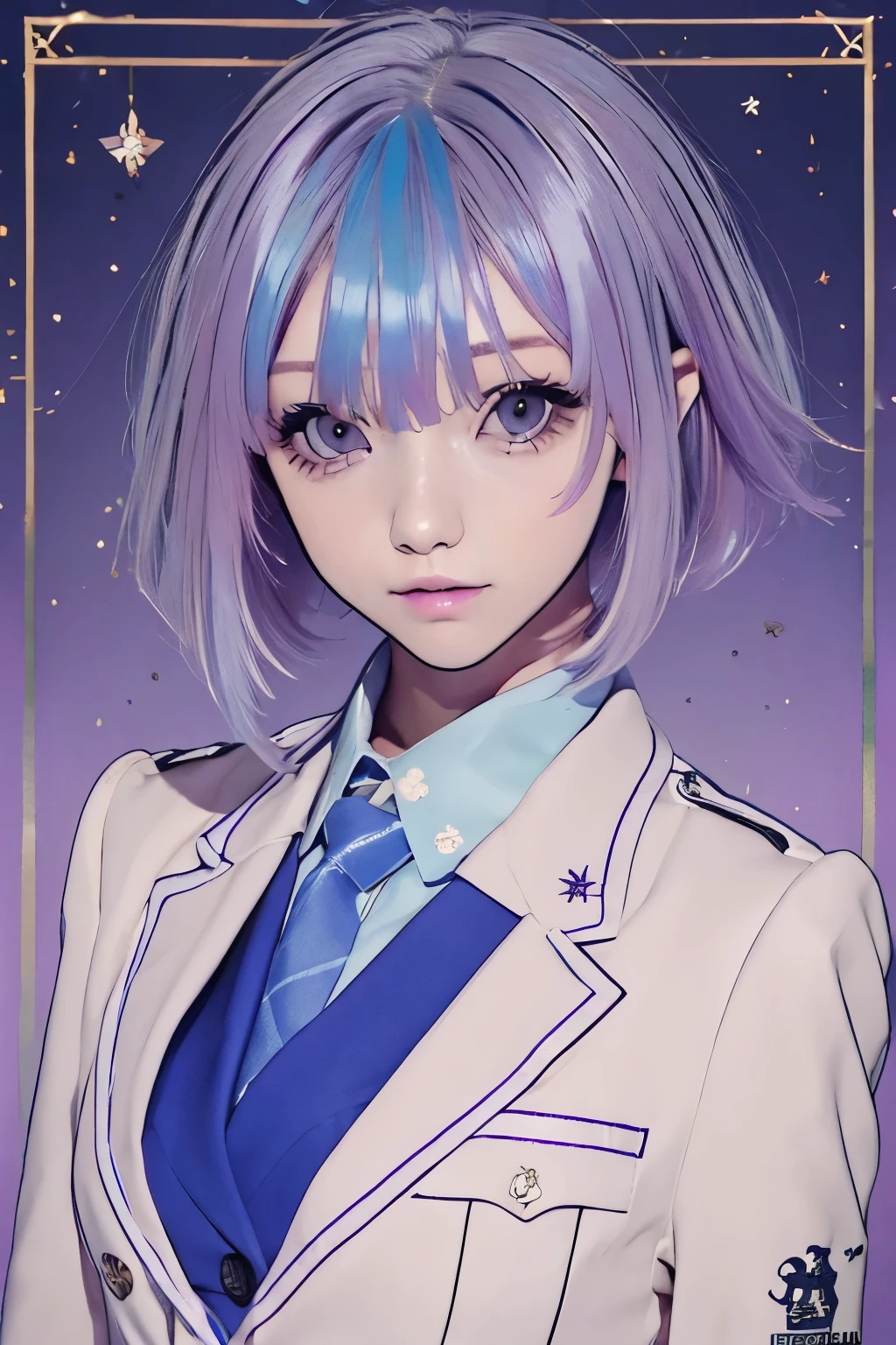 neutral,high school student,Baby Face,Pastel purple hair color,Bob Hair Length,Half-up hairstyle,uniform,Character portrait,Keep your eyes straight