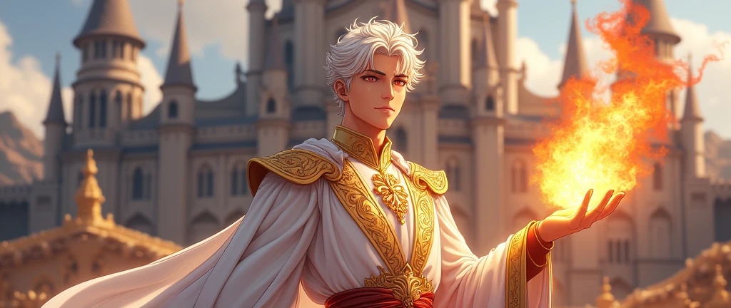 kid with white hair, red eyes, 5', wearing royal clothes, clothes are white and gold, curly hair, zoom, 4k, slight smile, short hair, Standing, castle in background, generating fire from hand, anime, male, nice body