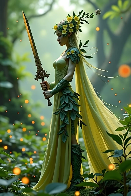 Une figure gracieuse, en armure légère faite de feuilles et de fleurs. Son épée, fine et scintillante, est ornée de motifs floraux. Elle se tient dans une forêt enchantée, entourée de lucioles et de magie verte.Résolution Haute, Précis, Détails fins, Modèle HD, Haute qualité, 