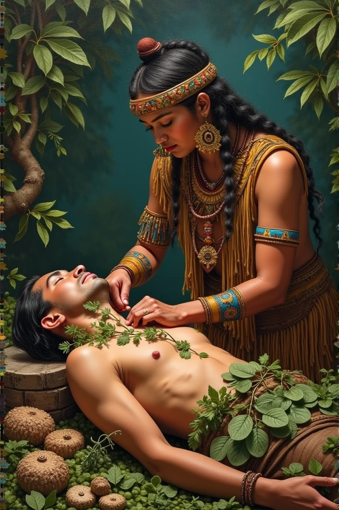 Pre-Columbian person healing a person with medicinal plants
