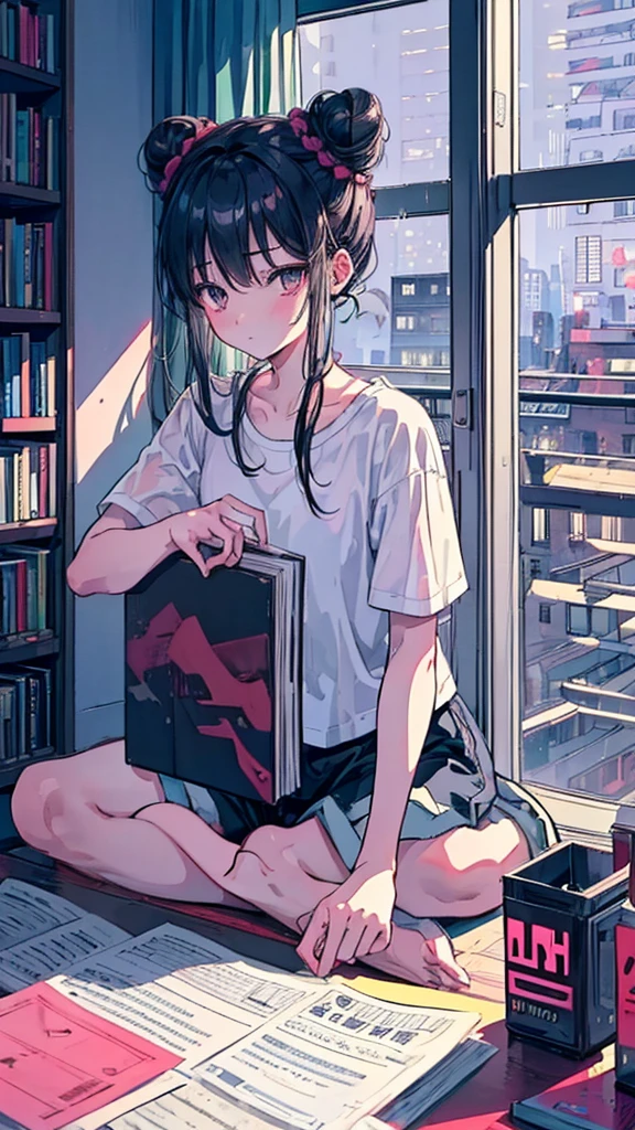 (extremely detailed CG unity 8k wallpaper), (best quality), (best illustration), (best shadow), realistic lighting, beautiful detailed reglow, masterpiece, best quality, lofi artstyle, lofi art, 80s anime style, Retro, Lo-Fi, Lofi Sensation, Portrait of Lofi, Lofi Colors, Lofi Vibes , Lofi atmosphere, Lofi hip hop, 1girl, solo, long hair, shirt, black hair, sitting, white shirt, short sleeves, shorts, indoors, hair bun, book, window, night, single hair bun, plant, t-shirt, building, rain, city, open book, bookshelf, potted plant, cityscape, book stack, without cable headphones, red headphones