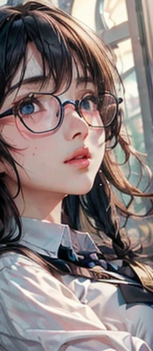 (Highly detailed CG uniform 8k wallpaper)、(masterpiece)、(Highest quality)、(Super detailed)、(Best illustrations)、(Best Shadow)、(Absurd)、 Break Girl、Sweat、vapor、Medium Bust、nsfw、Looking at the audience、nsfw、Glasses、Angle looking up from below